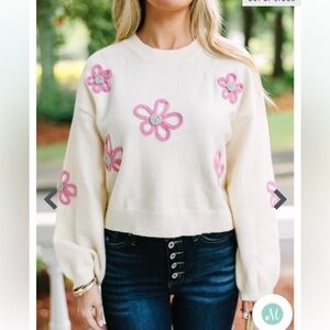 Listicle Cream Sweater with Pink Floral Accents